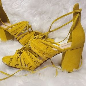 Nine West Yellow Fringe Suede Block Heel Sandals